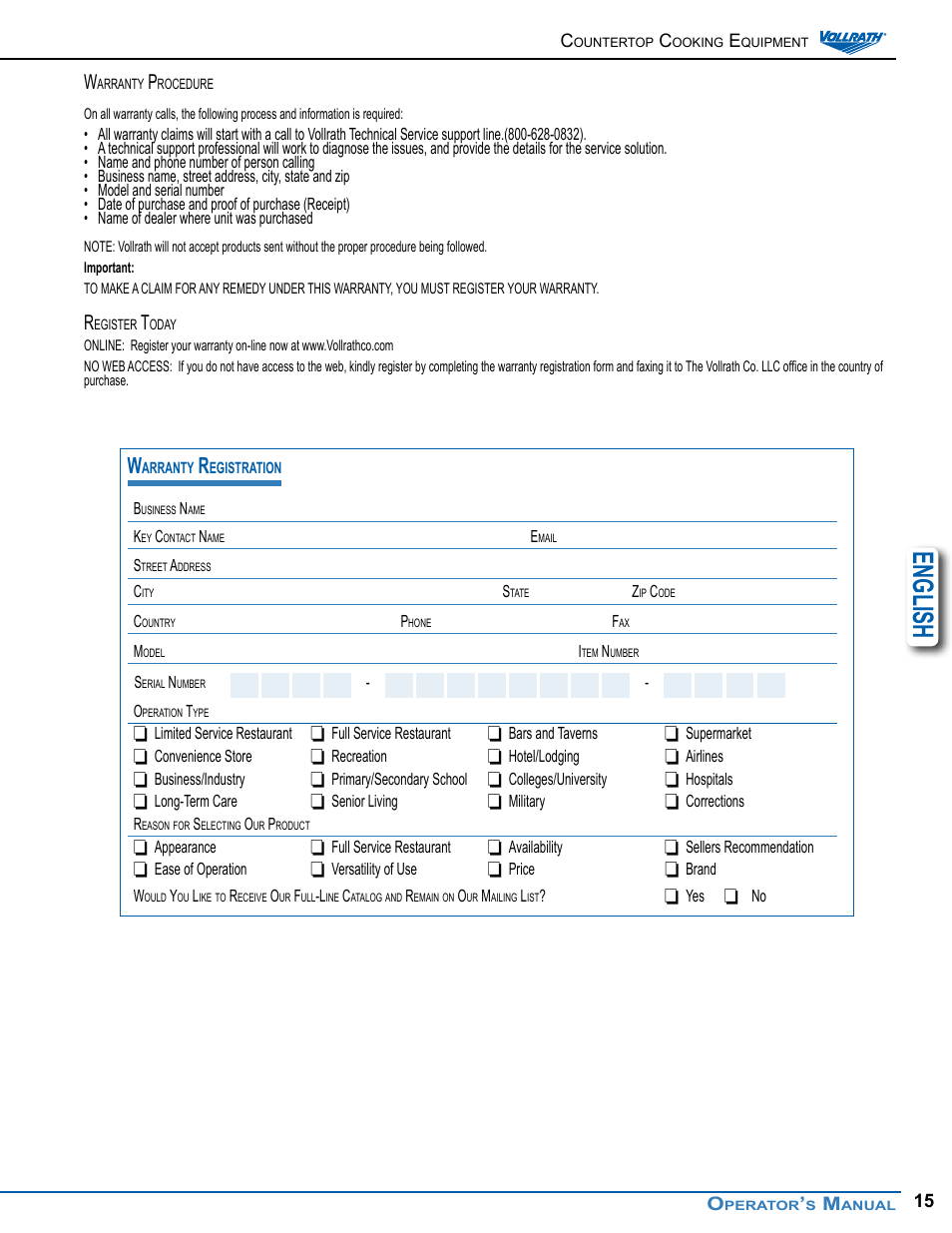 English | Vollrath Cayenne Convection Ovens Operator Manual User Manual | Page 15 / 16
