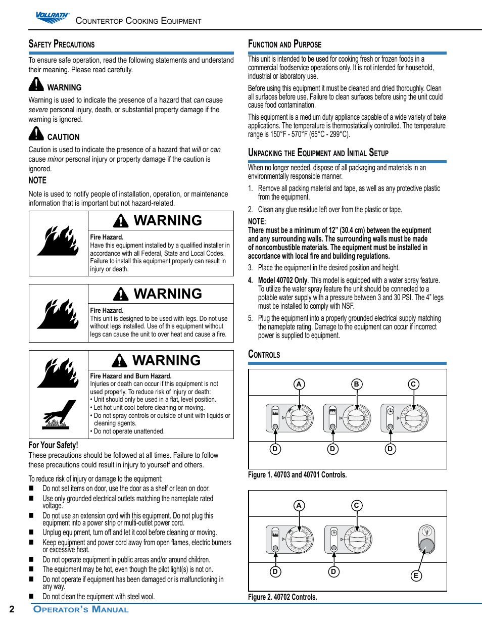 For your safety, Warning, Caution | Unction, Urpose, Npacking, Nitial, Etup, Ontrols, Afety | Vollrath Cayenne Convection Ovens Operator Manual User Manual | Page 2 / 16