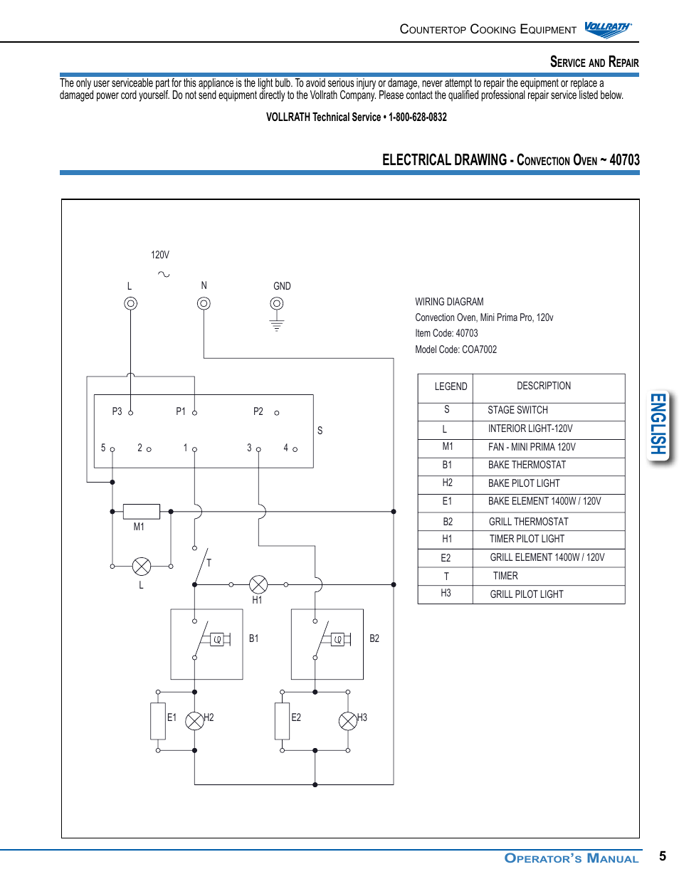 English, Electrical drawing - c | Vollrath Cayenne Convection Ovens Operator Manual User Manual | Page 5 / 16