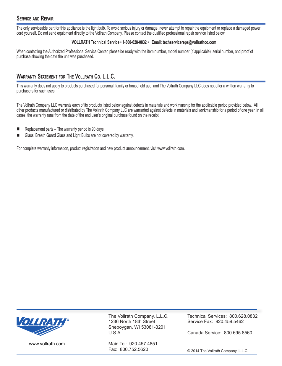L.l.c | Vollrath Cayenne Chicken Rotisserie Ovens User Manual | Page 10 / 10