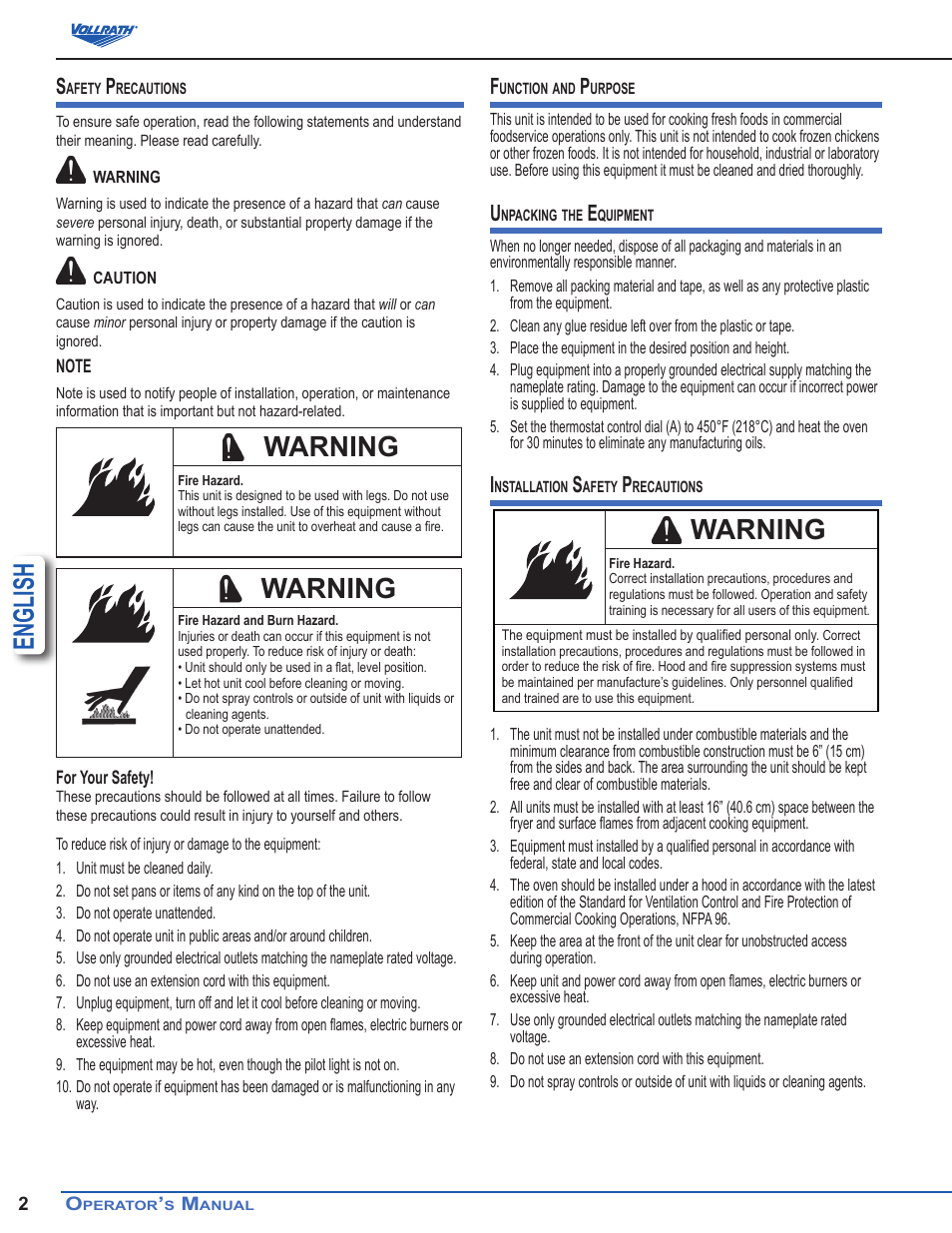 English, Warning | Vollrath Cayenne Chicken Rotisserie Ovens User Manual | Page 2 / 10