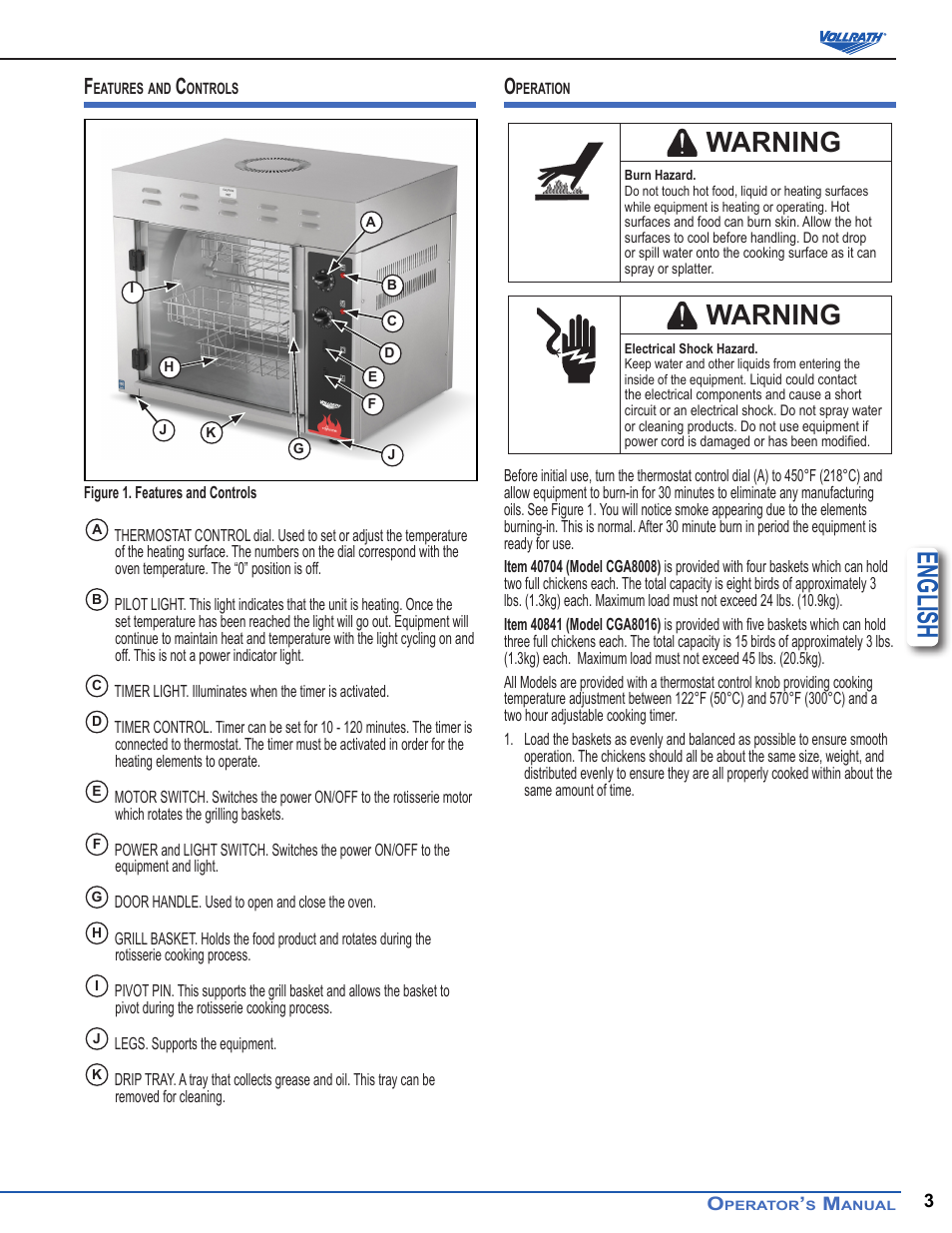 English, Warning | Vollrath Cayenne Chicken Rotisserie Ovens User Manual | Page 3 / 10