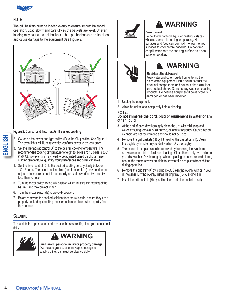 English, Warning | Vollrath Cayenne Chicken Rotisserie Ovens User Manual | Page 4 / 10
