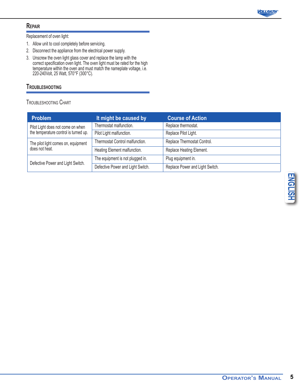 English | Vollrath Cayenne Chicken Rotisserie Ovens User Manual | Page 5 / 10