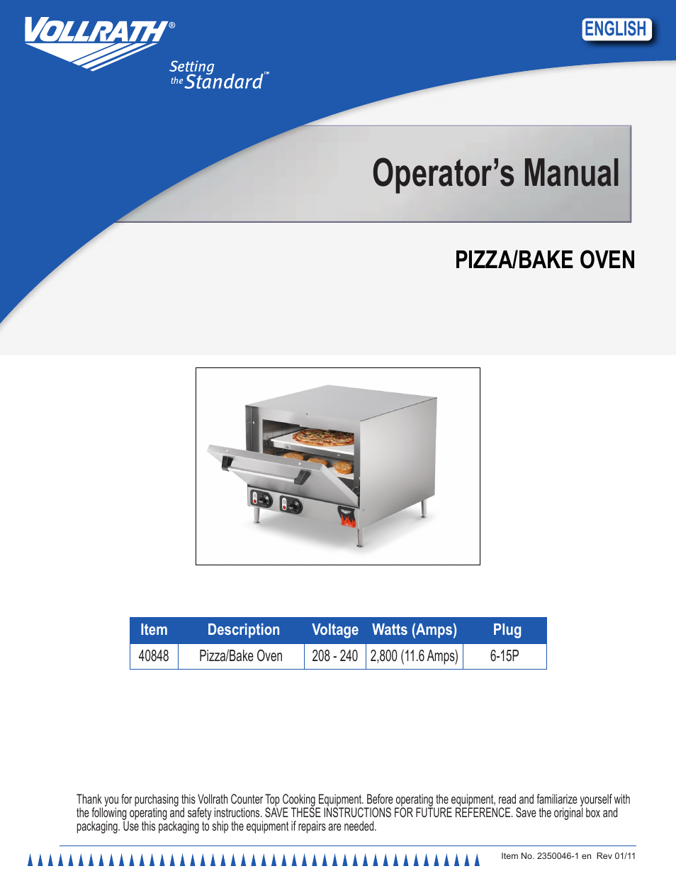 Vollrath Cayenne Pizza/Bake Oven User Manual | 8 pages