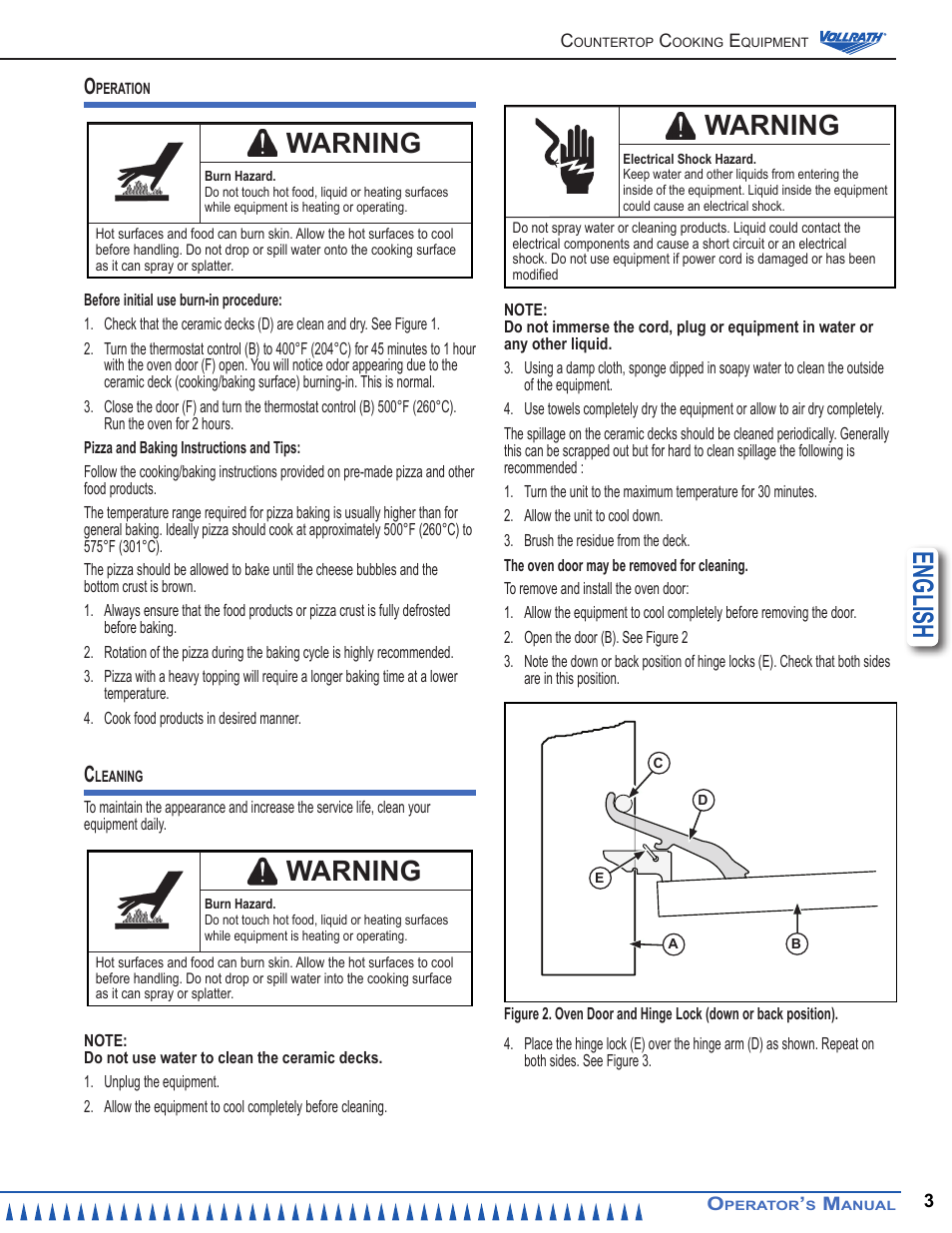 English, Warning | Vollrath Cayenne Pizza/Bake Oven User Manual | Page 3 / 8