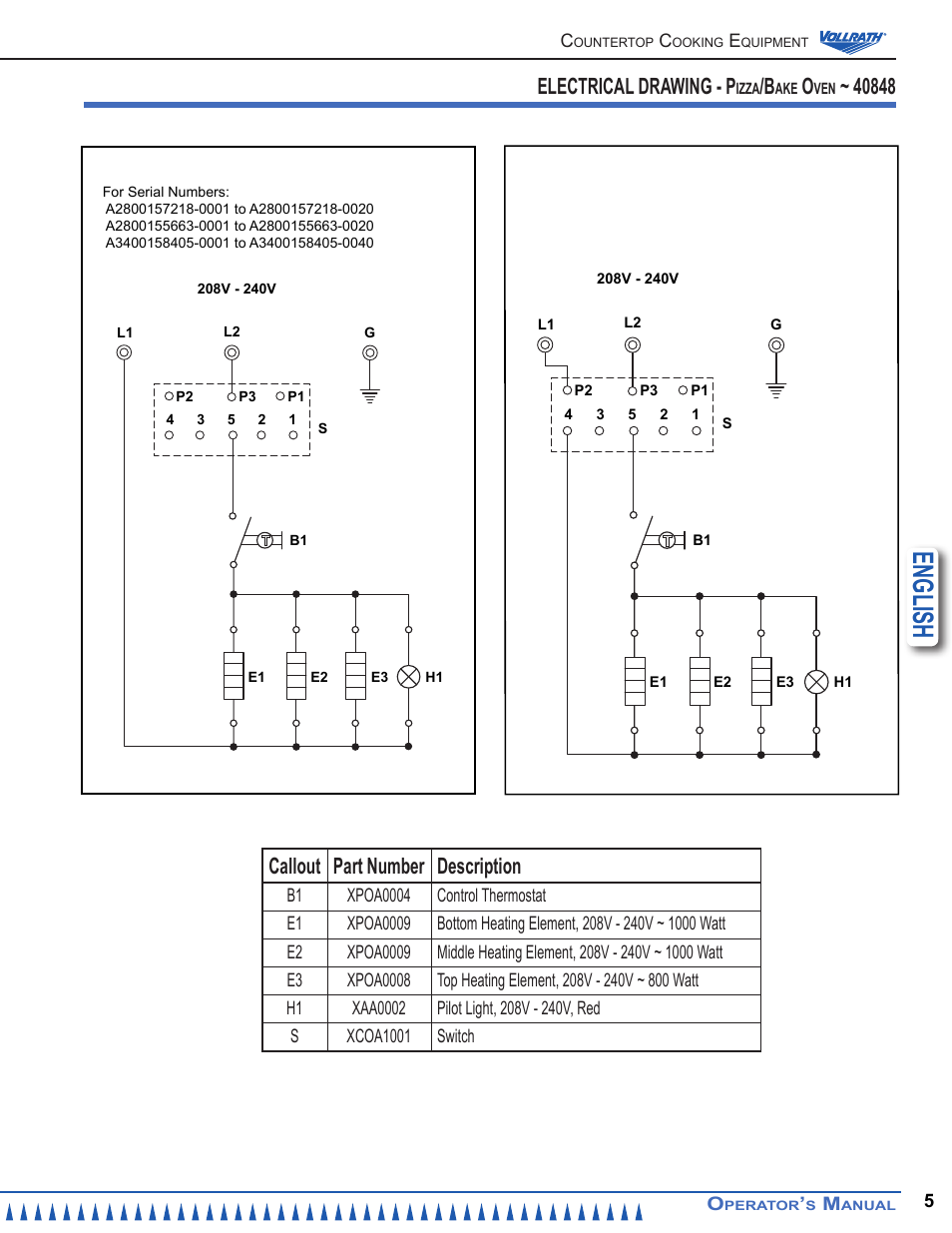 English, Callout part number description, Electrical drawing - p | Vollrath Cayenne Pizza/Bake Oven User Manual | Page 5 / 8