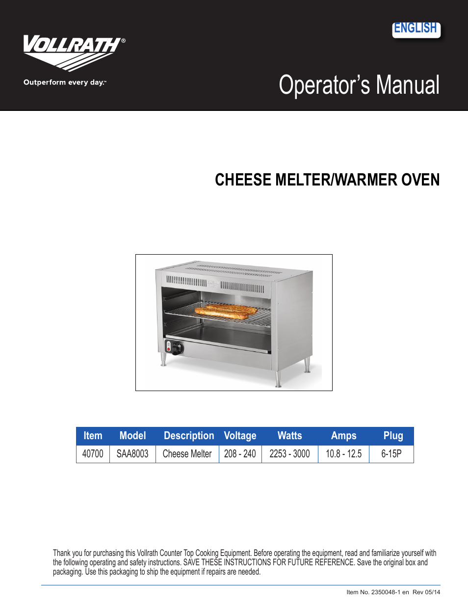 Vollrath Cayenne Cheese Melter User Manual | 6 pages