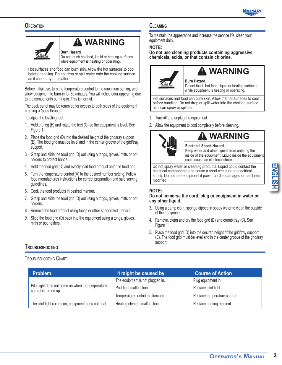 English, Warning | Vollrath Cayenne Cheese Melter User Manual | Page 3 / 6