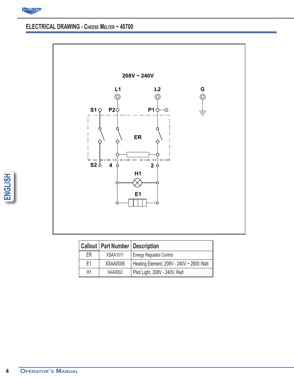 English, Callout part number description, Electrical drawing - c | Vollrath Cayenne Cheese Melter User Manual | Page 4 / 6