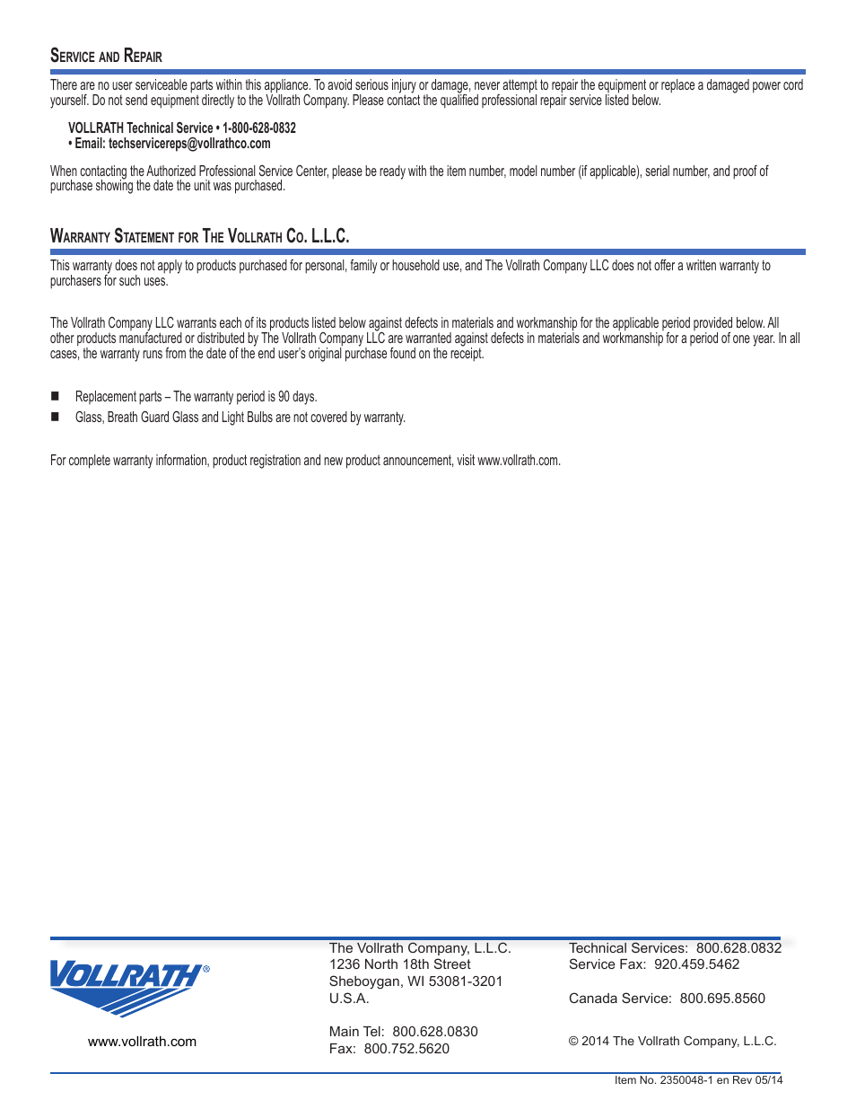 L.l.c | Vollrath Cayenne Cheese Melter User Manual | Page 6 / 6