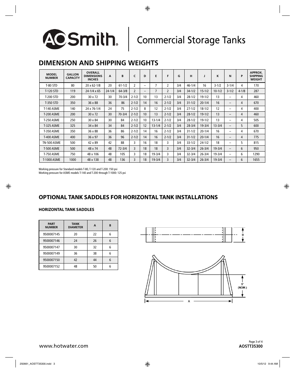 Commercial storage tanks, Dimension and shipping weights | A.O. Smith AOSTT35300 User Manual | Page 3 / 4