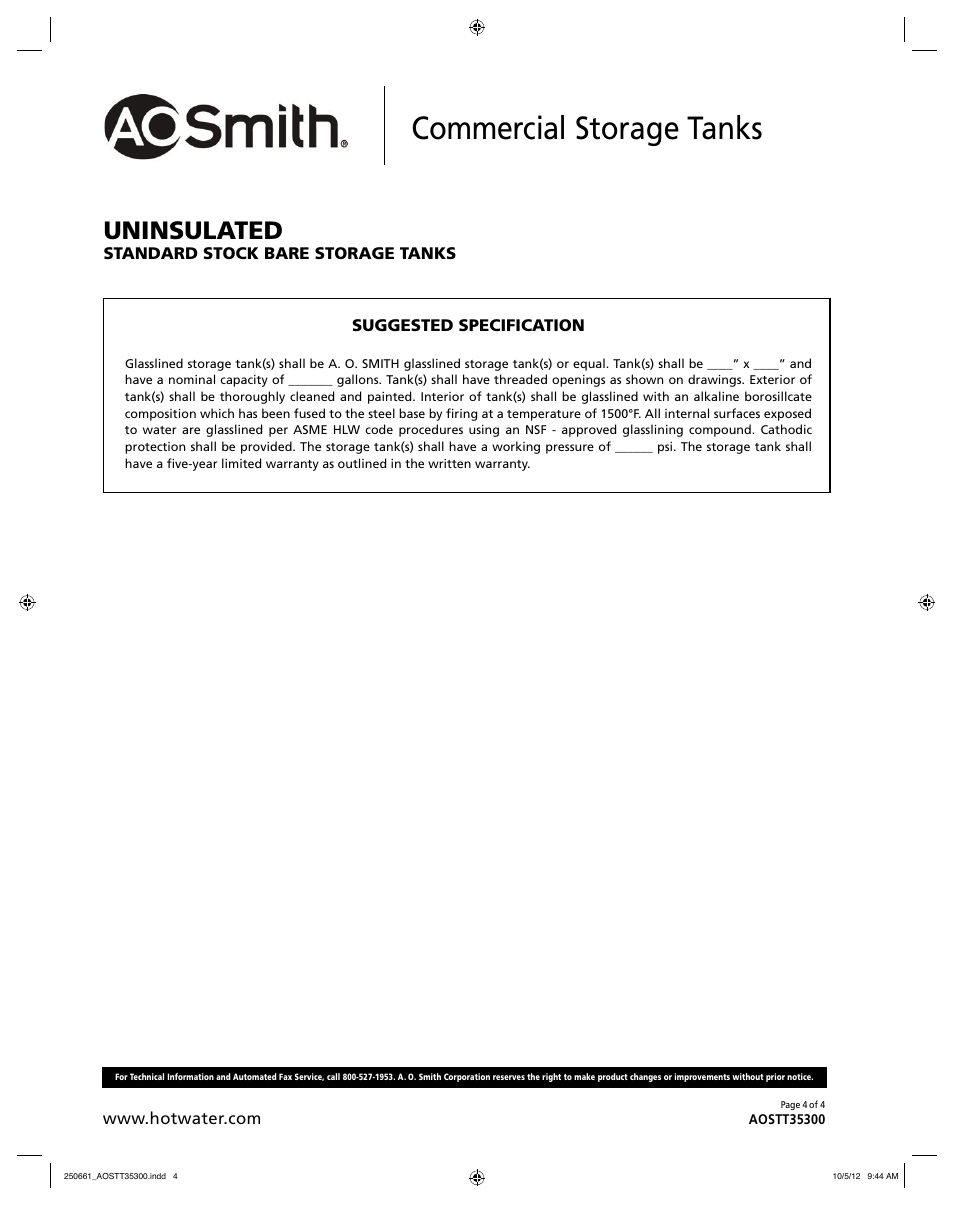 Commercial storage tanks, Uninsulated | A.O. Smith AOSTT35300 User Manual | Page 4 / 4