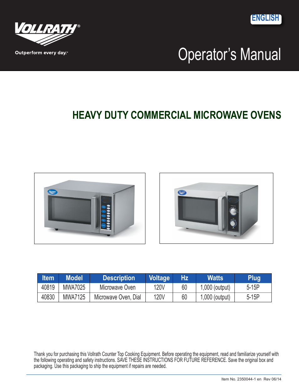 Vollrath Microwave Oven - Manual User Manual | 7 pages