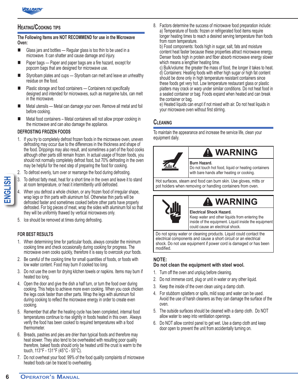English, Warning | Vollrath Microwave Oven - Manual User Manual | Page 6 / 7