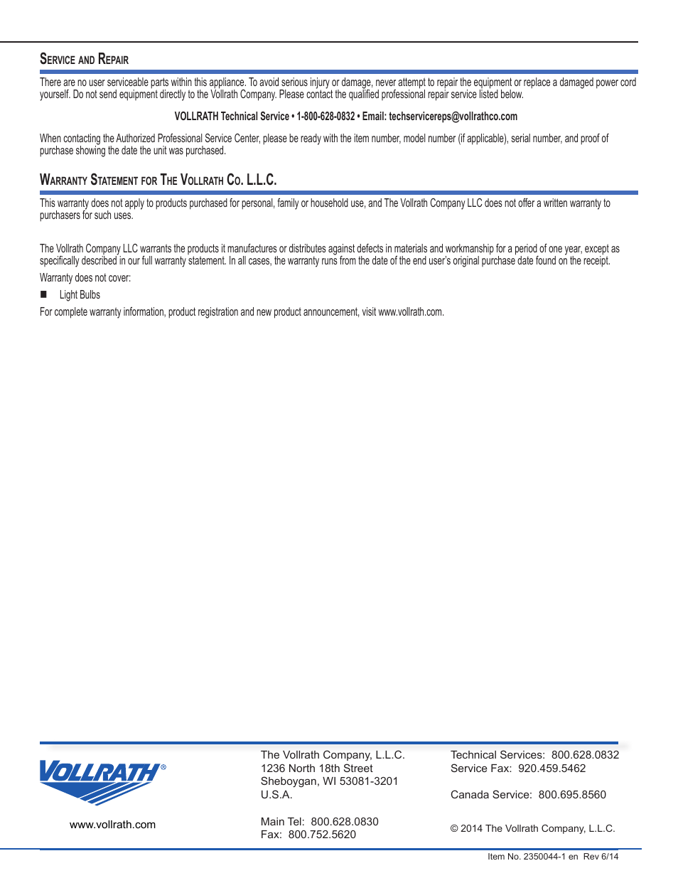 L.l.c | Vollrath Microwave Oven - Manual User Manual | Page 7 / 7