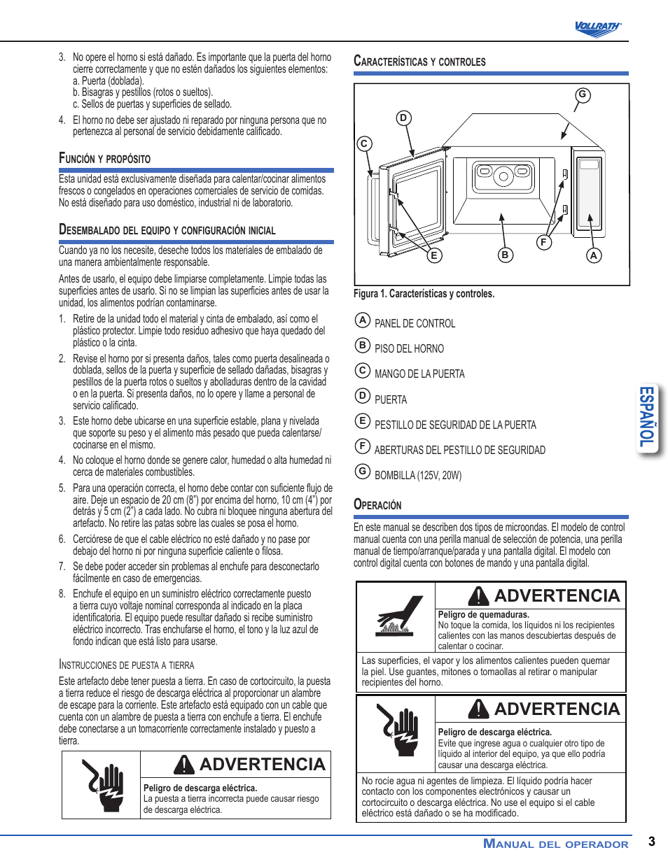 Esp añol, Advertencia | Vollrath Microwave Oven - Digital User Manual | Page 10 / 21