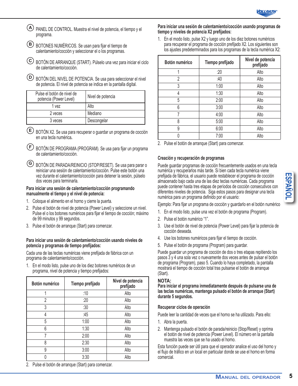 Esp añol | Vollrath Microwave Oven - Digital User Manual | Page 12 / 21