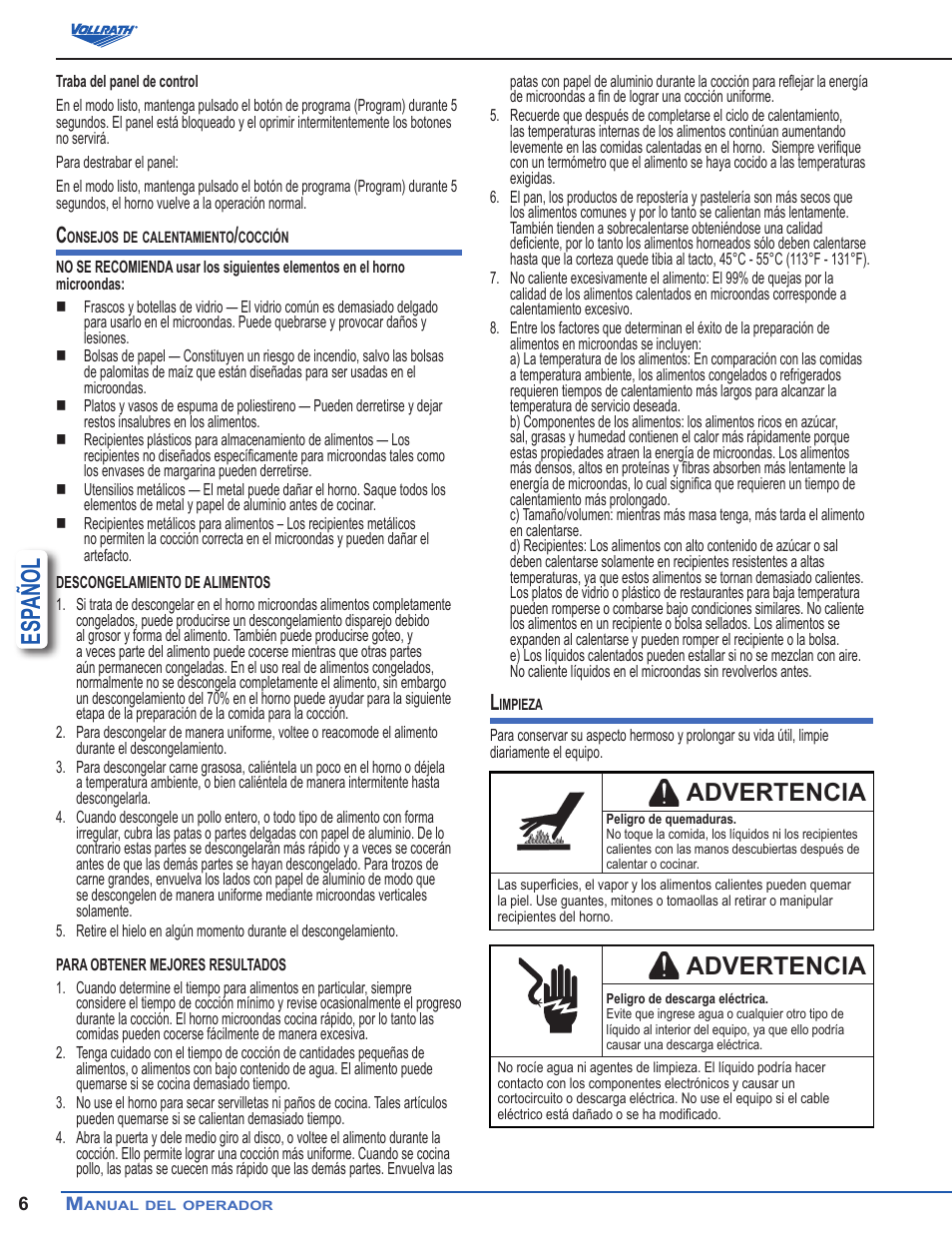 Esp añol, Advertencia | Vollrath Microwave Oven - Digital User Manual | Page 13 / 21