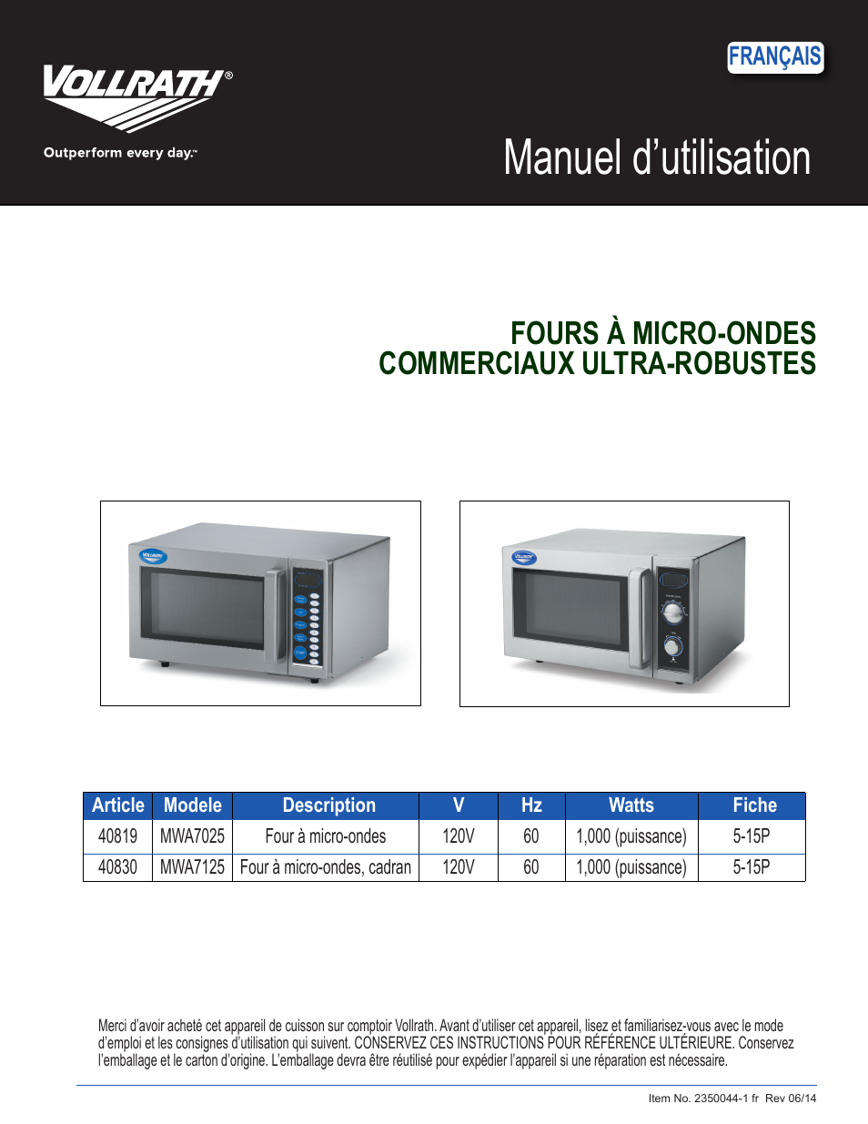 Manuel d’utilisation, Fours à micro-ondes commerciaux ultra-robustes, Français | Vollrath Microwave Oven - Digital User Manual | Page 15 / 21