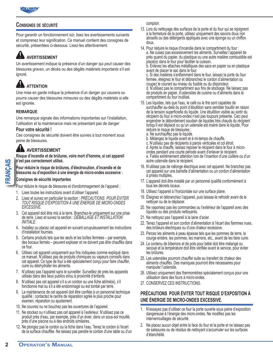 Français | Vollrath Microwave Oven - Digital User Manual | Page 16 / 21