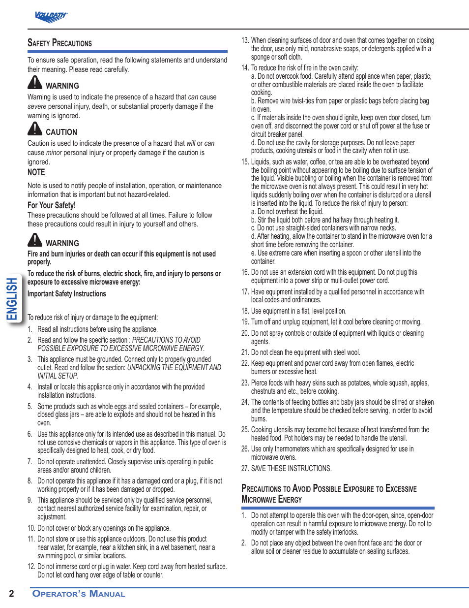 English | Vollrath Microwave Oven - Digital User Manual | Page 2 / 21