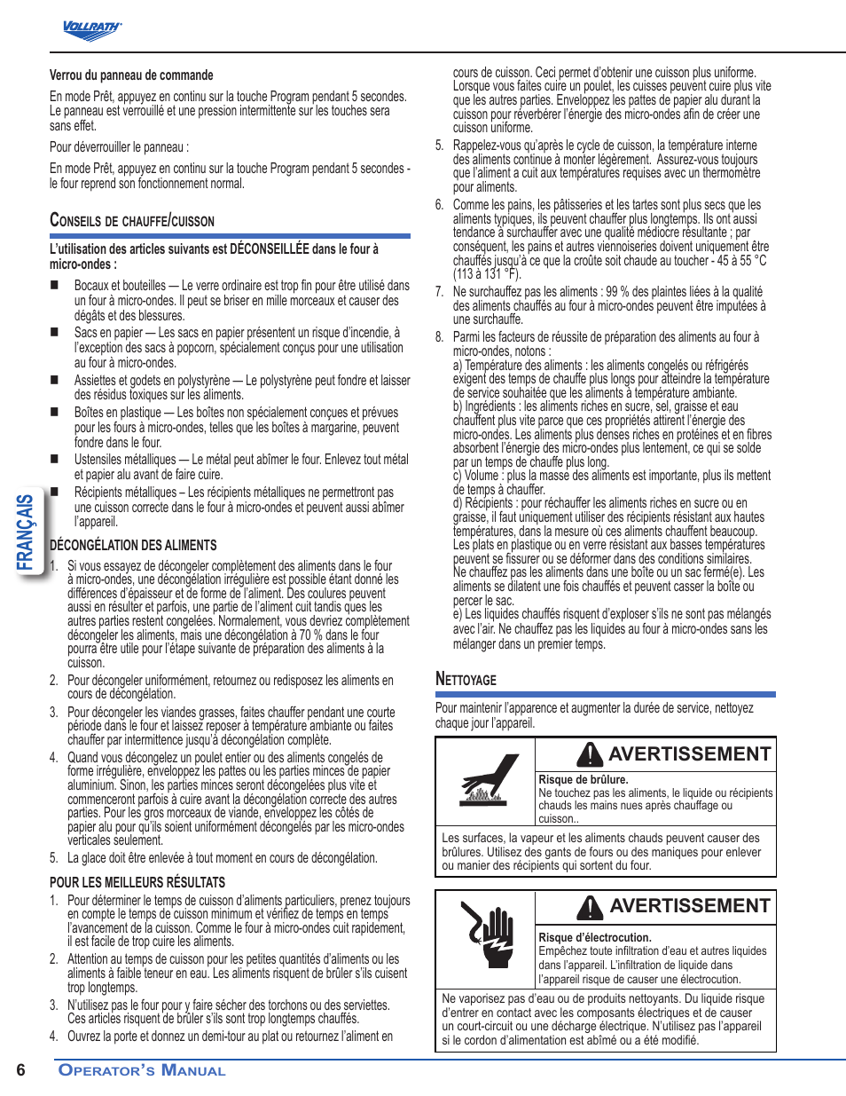 Français, Avertissement | Vollrath Microwave Oven - Digital User Manual | Page 20 / 21