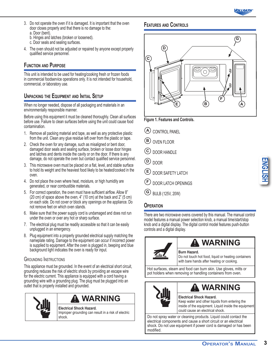 English, Warning | Vollrath Microwave Oven - Digital User Manual | Page 3 / 21