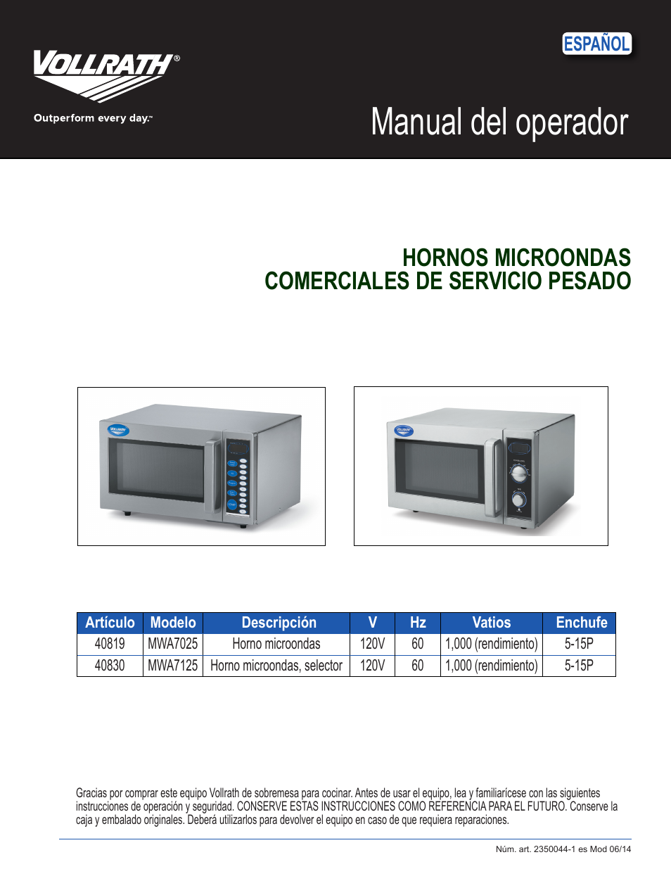 Manual del operador, Hornos microondas comerciales de servicio pesado, Español | Vollrath Microwave Oven - Digital User Manual | Page 8 / 21