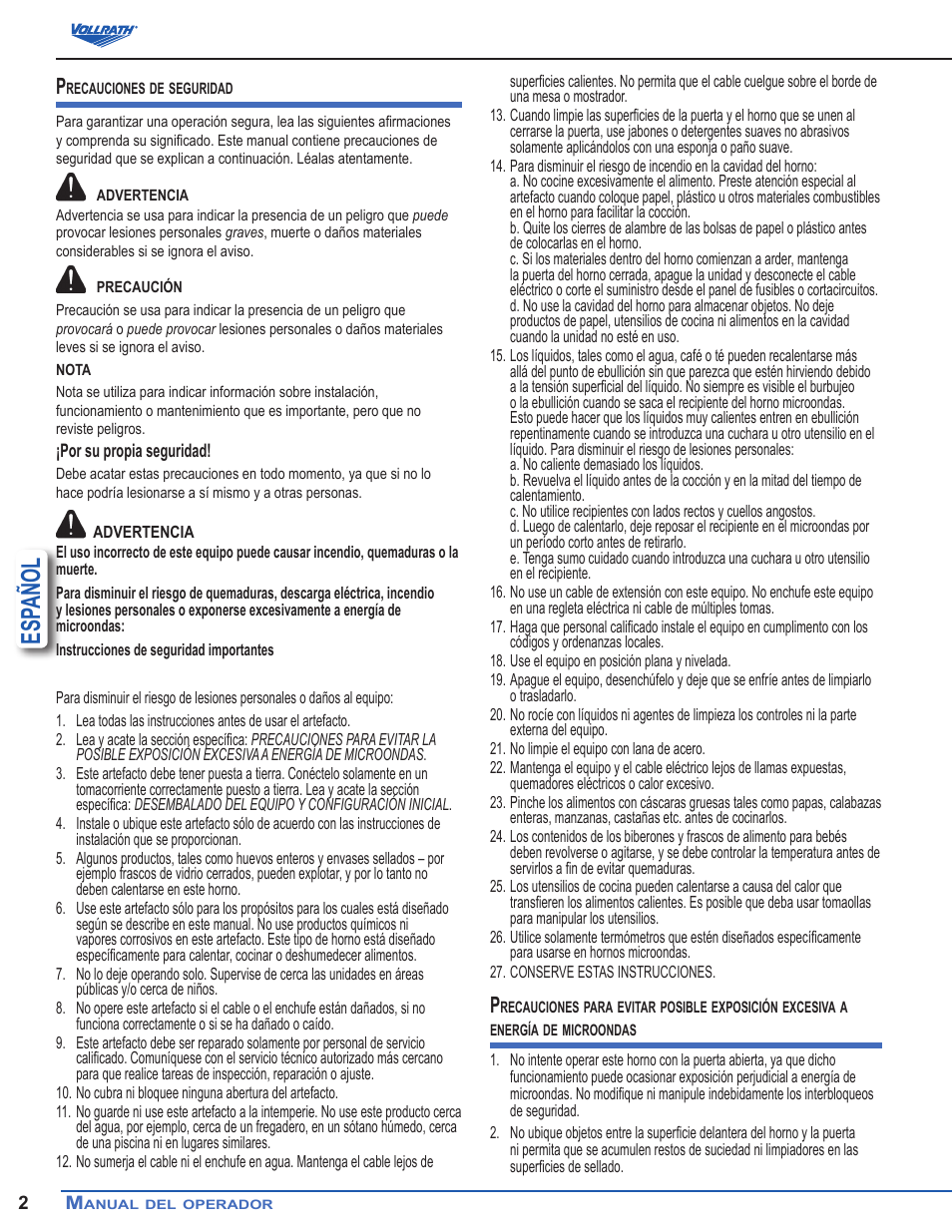 Esp añol | Vollrath Microwave Oven - Digital User Manual | Page 9 / 21