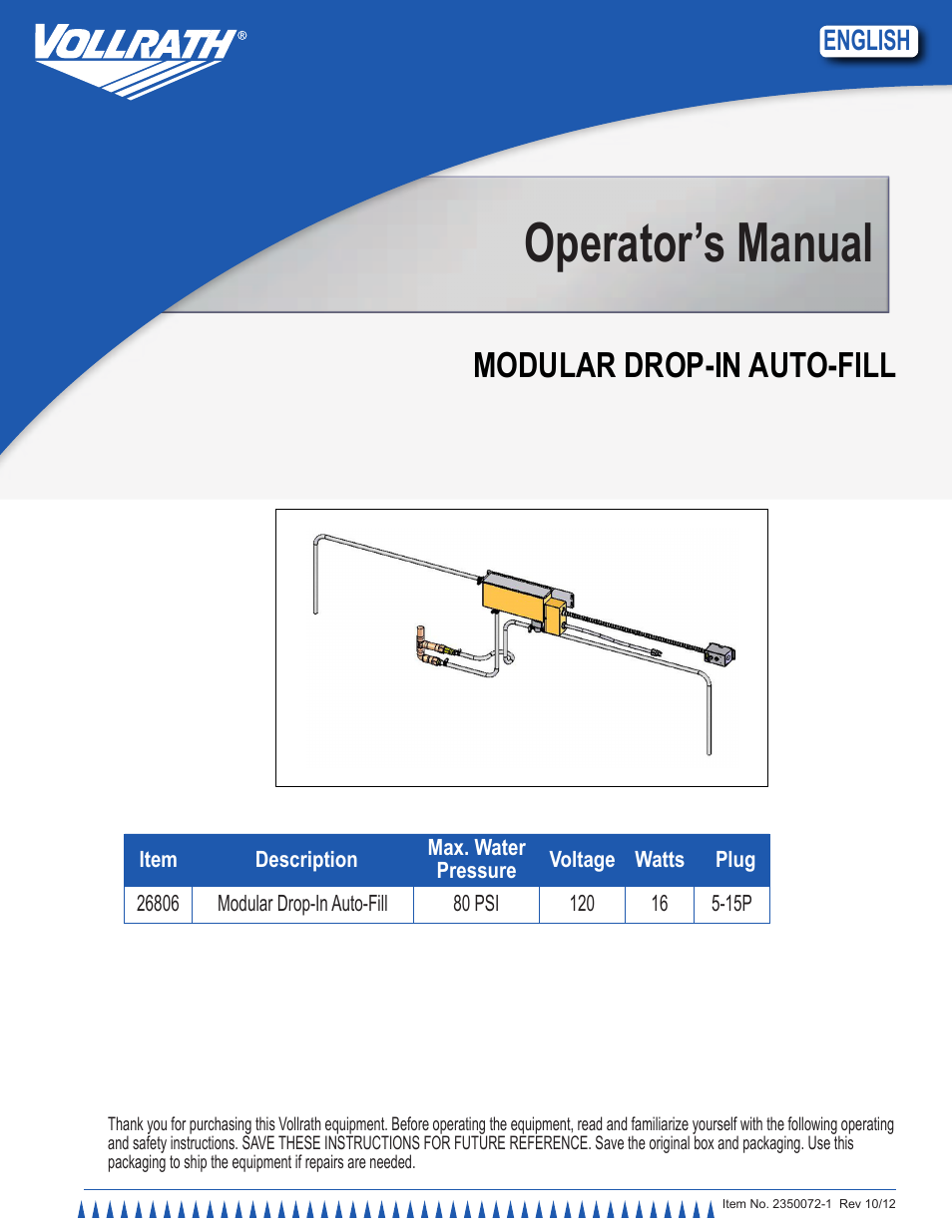 Vollrath Modular Drop-In Auto-Fill User Manual | 8 pages