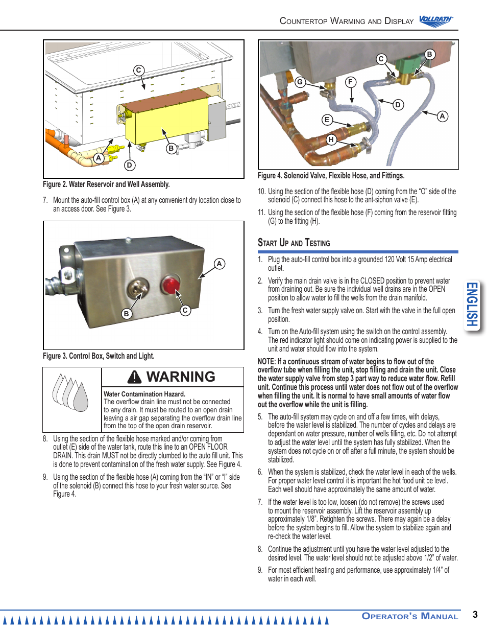 English, Warning | Vollrath Modular Drop-In Auto-Fill User Manual | Page 3 / 8
