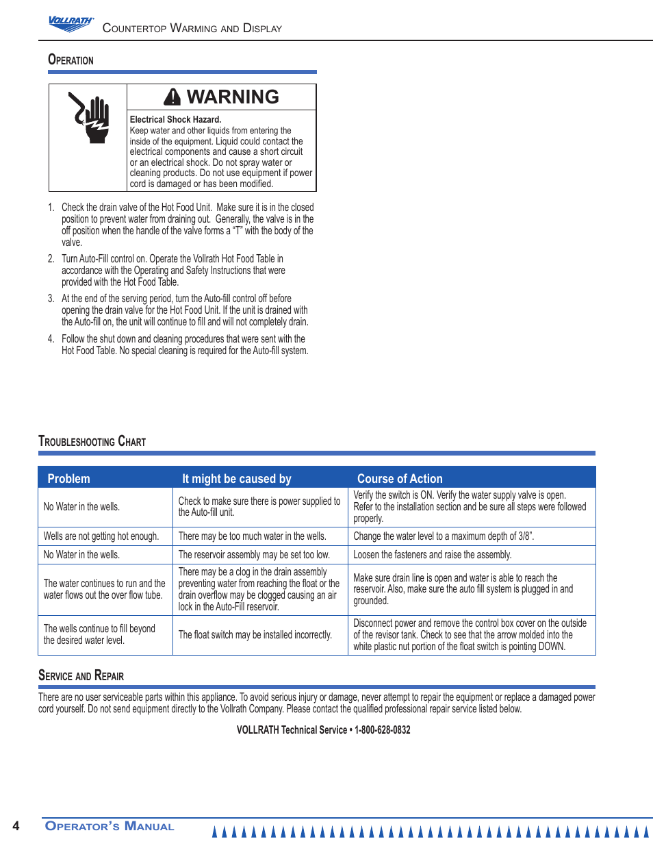Warning | Vollrath Modular Drop-In Auto-Fill User Manual | Page 4 / 8