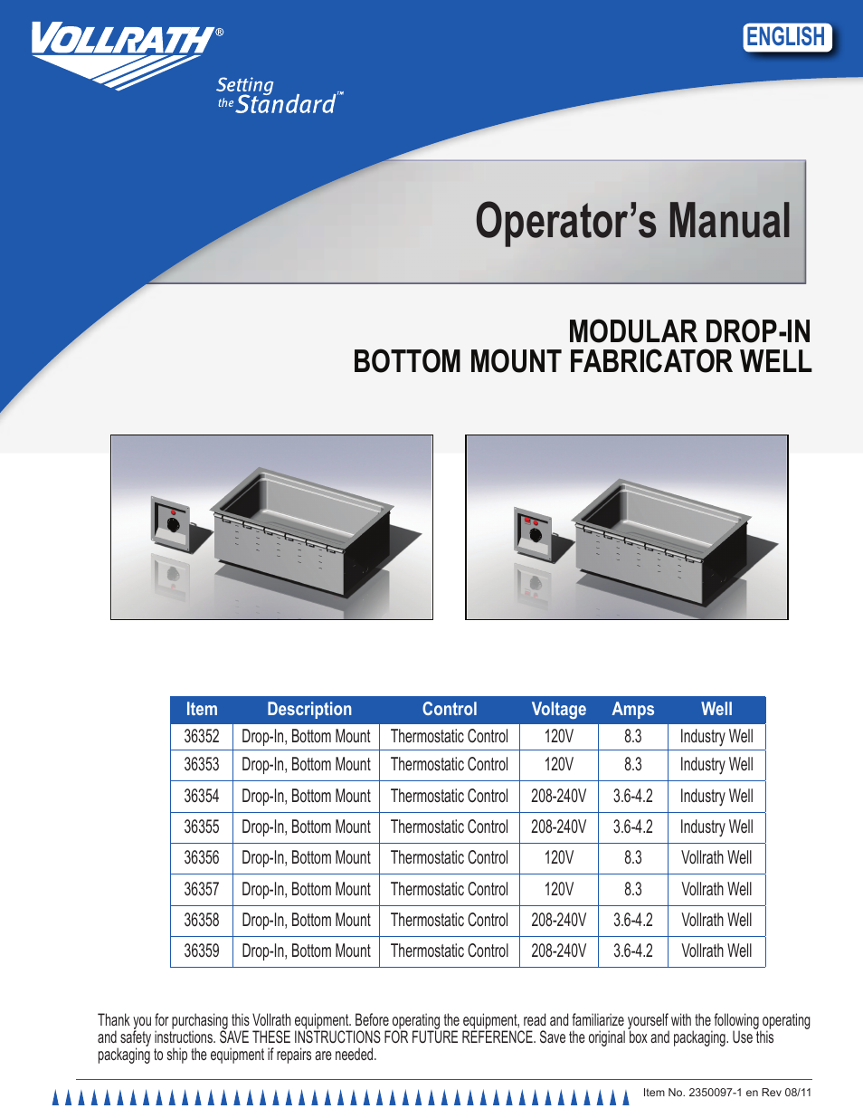 Vollrath Bottom Mount Industry and Vollrath Wells User Manual | 6 pages