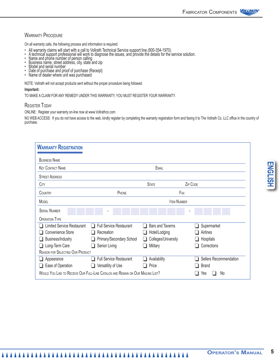 English | Vollrath Bottom Mount Industry and Vollrath Wells User Manual | Page 5 / 6