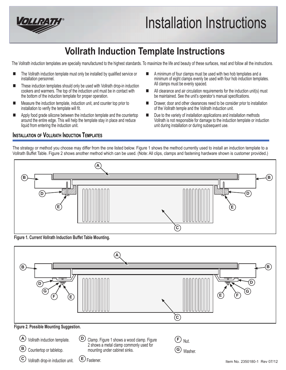 Vollrath Induction Undercounter Warming Kits User Manual | 1 page