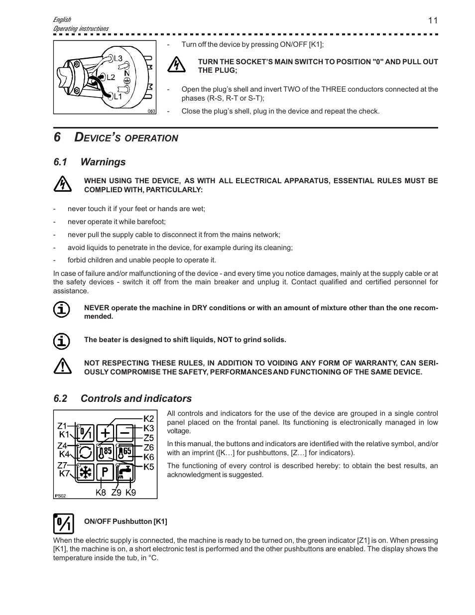 1 warnings, 2 controls and indicators | Vollrath Mix30 User Manual | Page 11 / 24