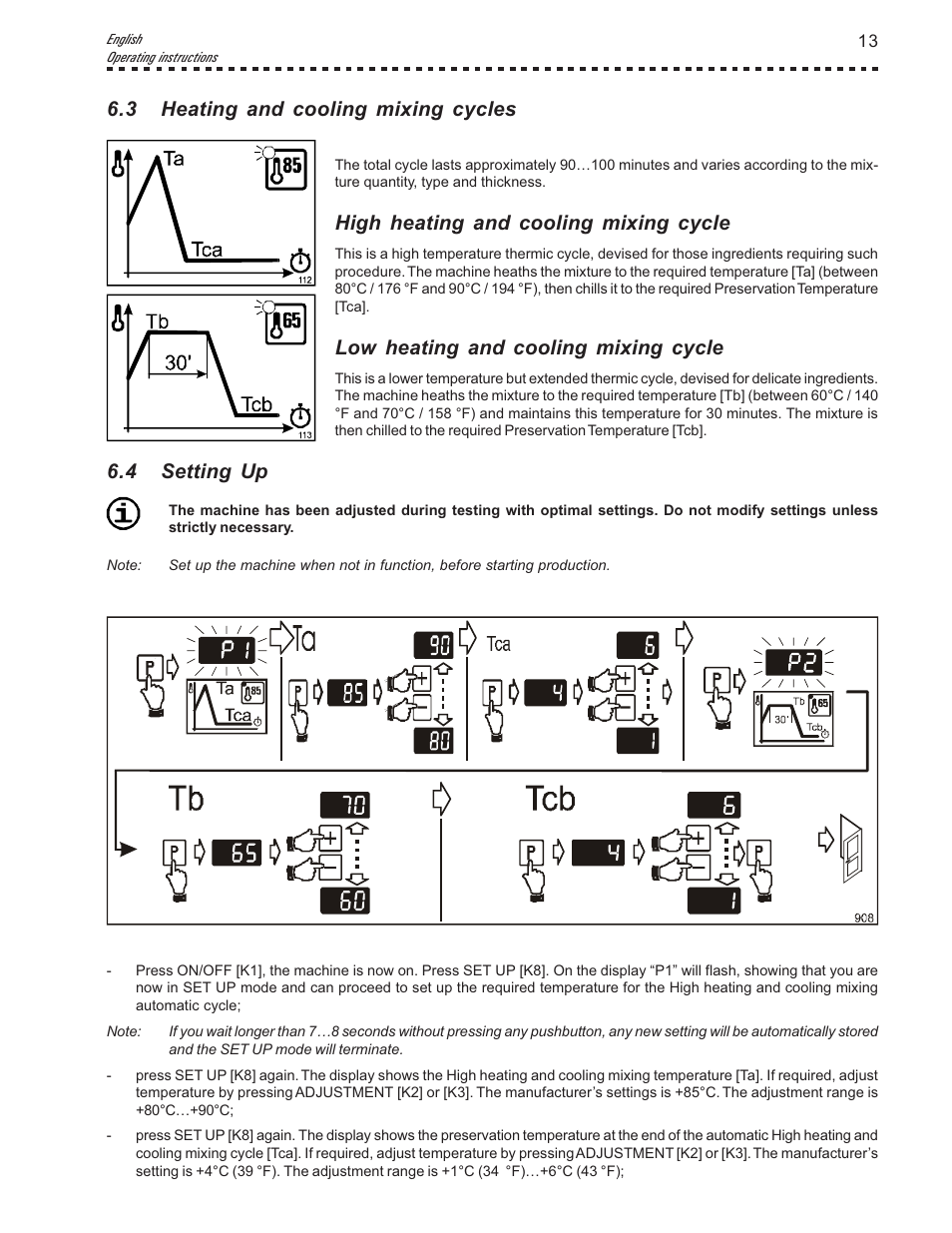 3 heating and cooling mixing cycles, High heating and cooling mixing cycle, Low heating and cooling mixing cycle | 4 setting up | Vollrath Mix30 User Manual | Page 13 / 24