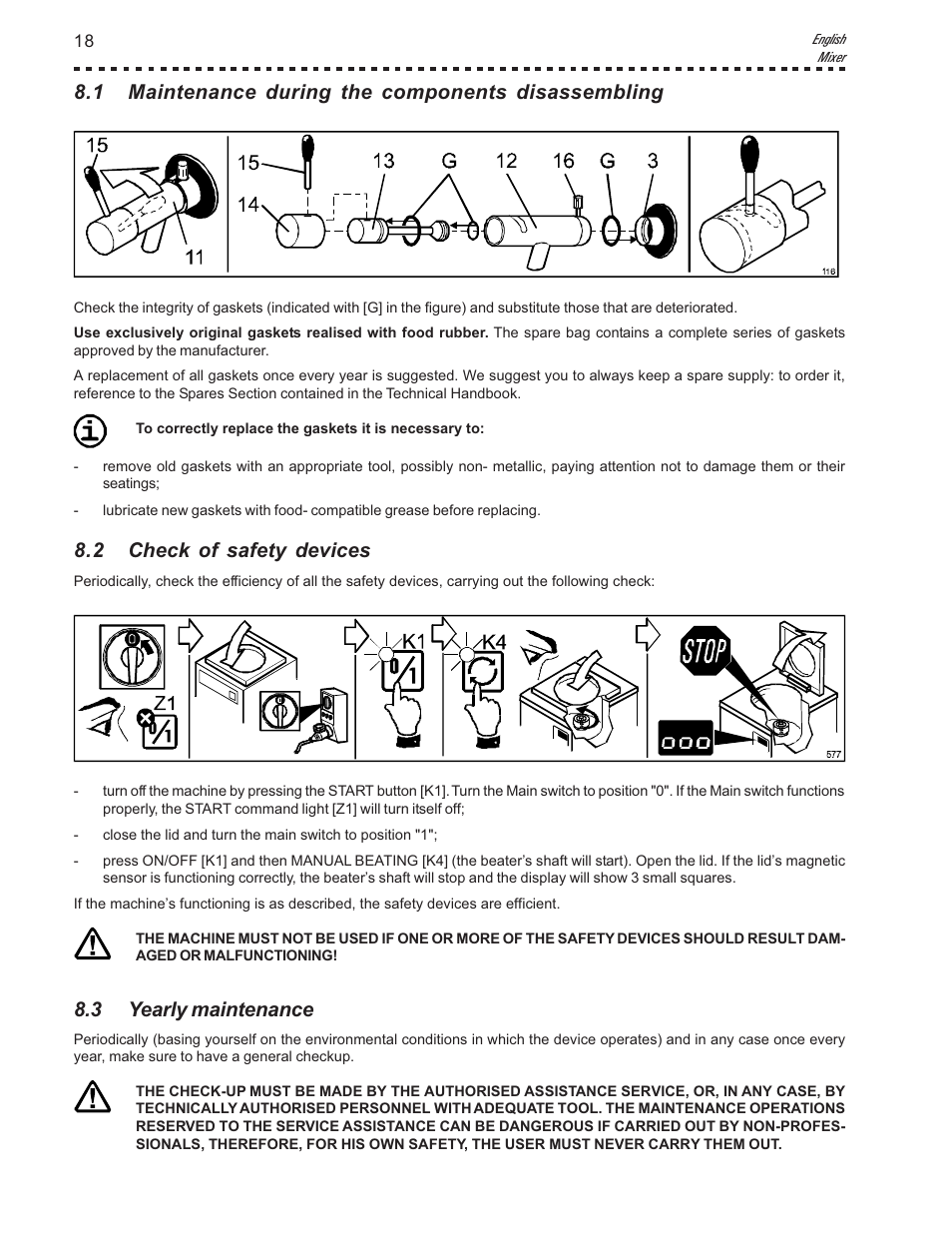 1 maintenance during the components disassembling, 2 check of safety devices, 3 yearly maintenance | Vollrath Mix30 User Manual | Page 18 / 24