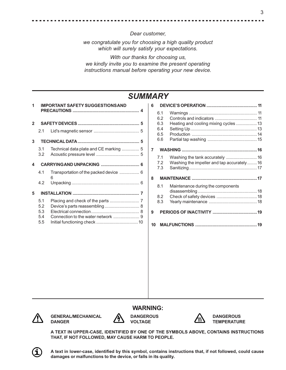 Summary, Warning | Vollrath Mix30 User Manual | Page 3 / 24