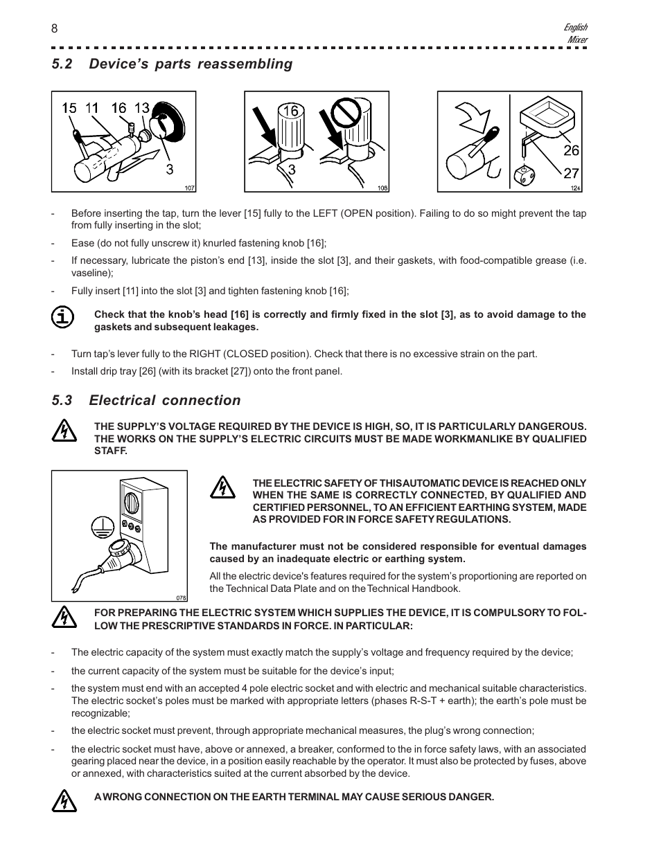 2 device’s parts reassembling, 3 electrical connection | Vollrath Mix30 User Manual | Page 8 / 24