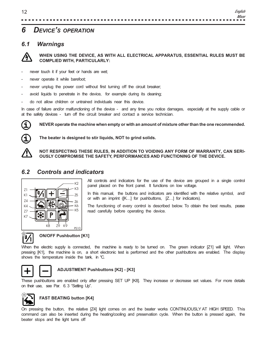 1 warnings, 2 controls and indicators | Vollrath Mix60-Water Cooled User Manual | Page 12 / 24