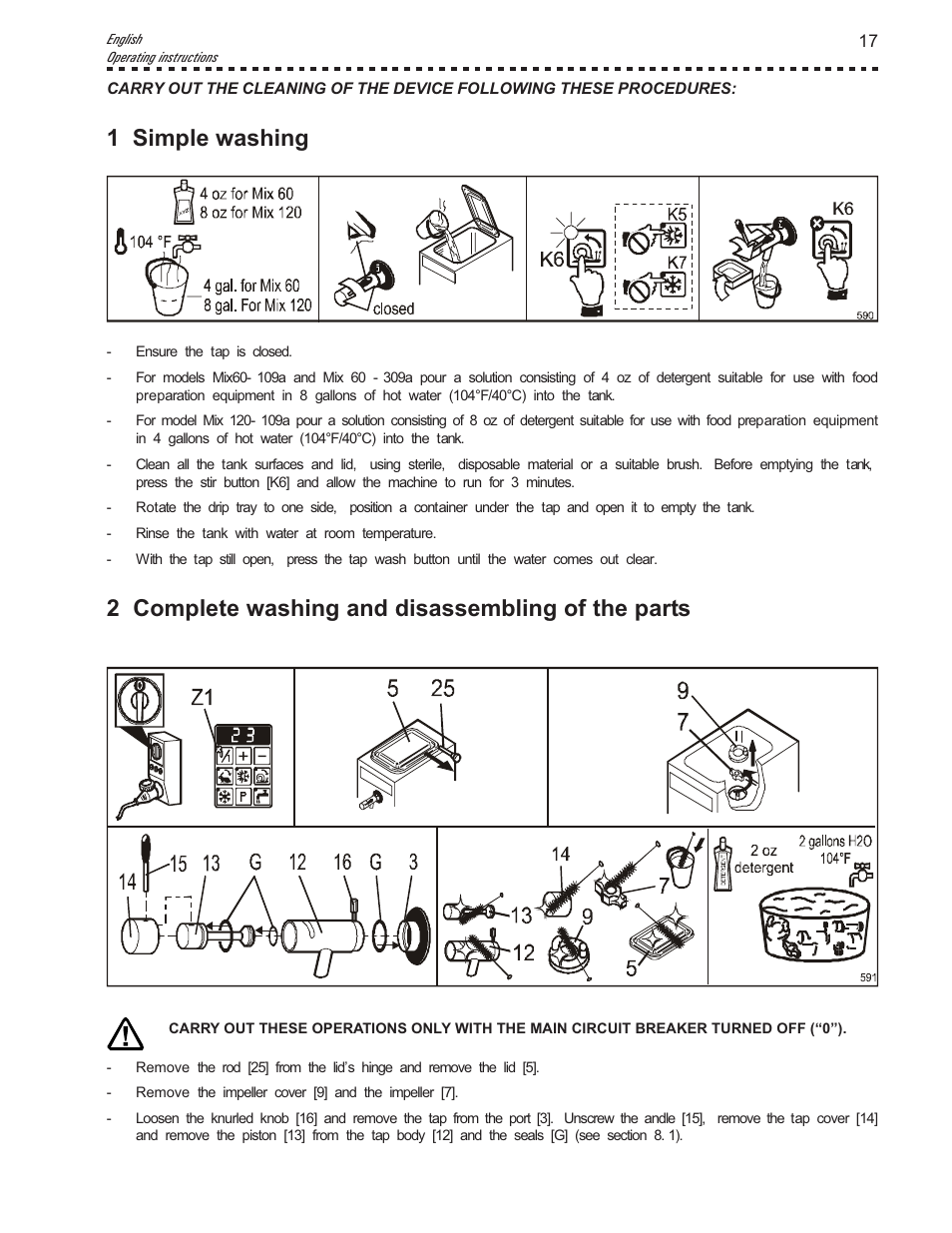 1 simple washing, 2 complete washing and disassembling of the parts | Vollrath Mix60-Water Cooled User Manual | Page 17 / 24