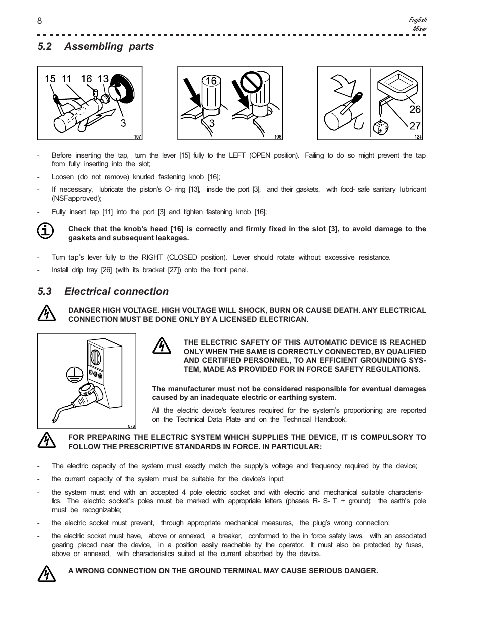 2 assembling parts, 3 electrical connection | Vollrath Mix60-Water Cooled User Manual | Page 8 / 24