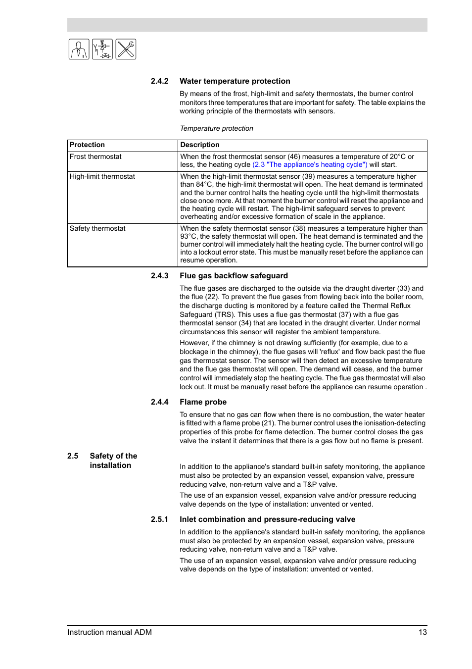 Safety of the installation, Water temperature protection, Flue gas backflow safeguard | Flame probe | A.O. Smith ADM - 80 User Manual | Page 13 / 74