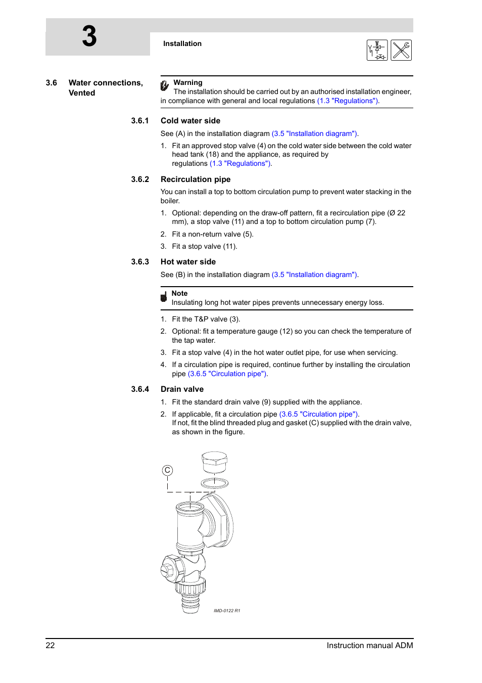 Water connections, vented, 6 "water connections, vented"), 3 "hot water side") | Which op | A.O. Smith ADM - 80 User Manual | Page 22 / 74