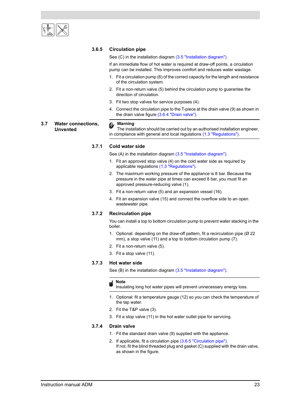 Water connections, unvented, Valve, 3 "hot water side") | 5 "circulation pipe") | A.O. Smith ADM - 80 User Manual | Page 23 / 74