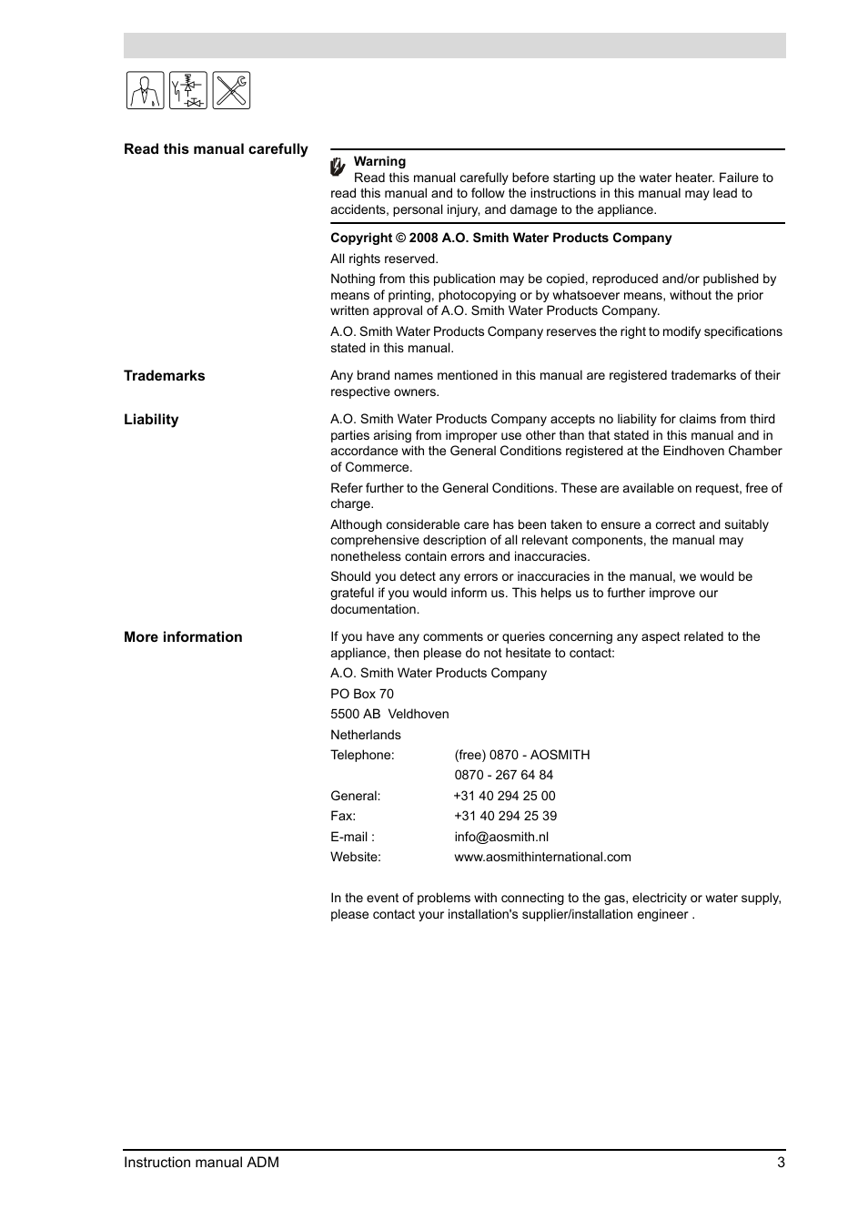 A.O. Smith ADM - 80 User Manual | Page 3 / 74