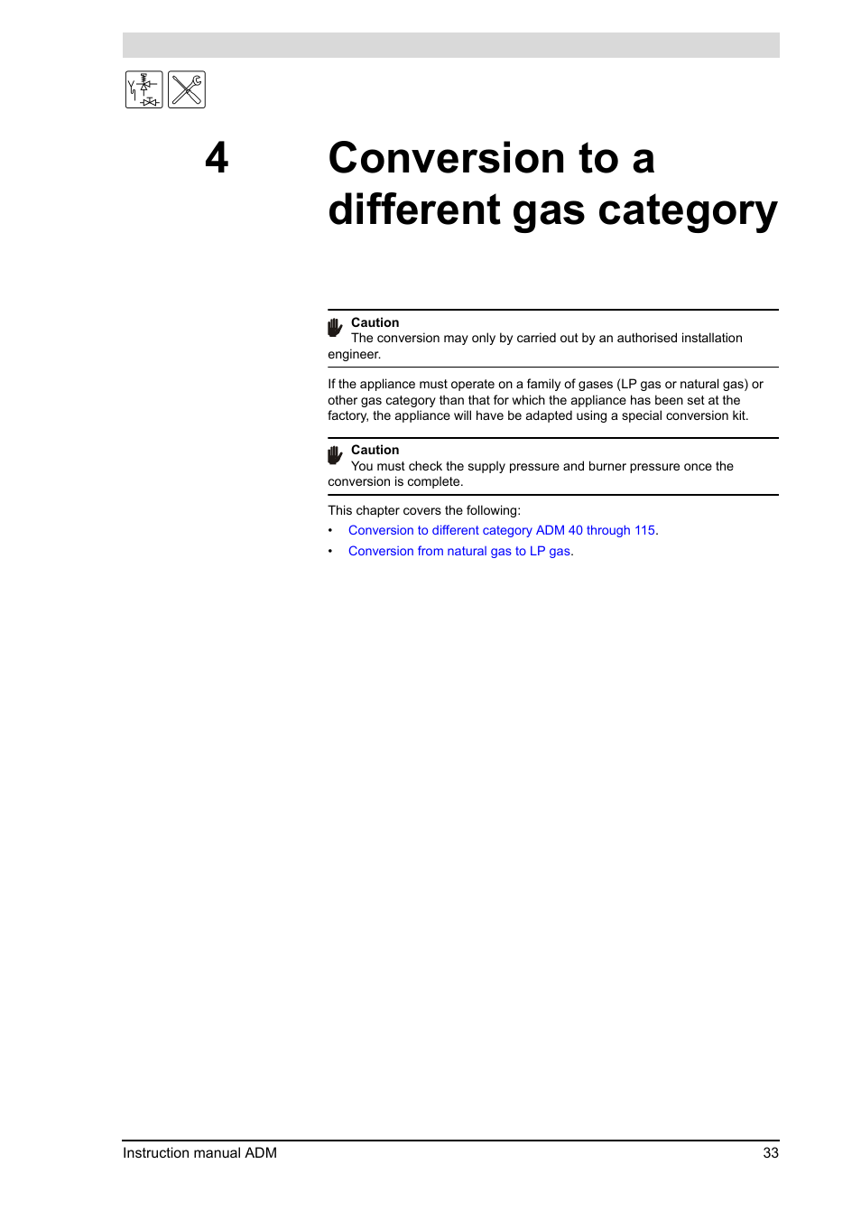 4 conversion to a different gas category, Conversion to a different gas category, Nversion | 4 "conversion to a different gas category"), 4conversion to a different gas category | A.O. Smith ADM - 80 User Manual | Page 33 / 74