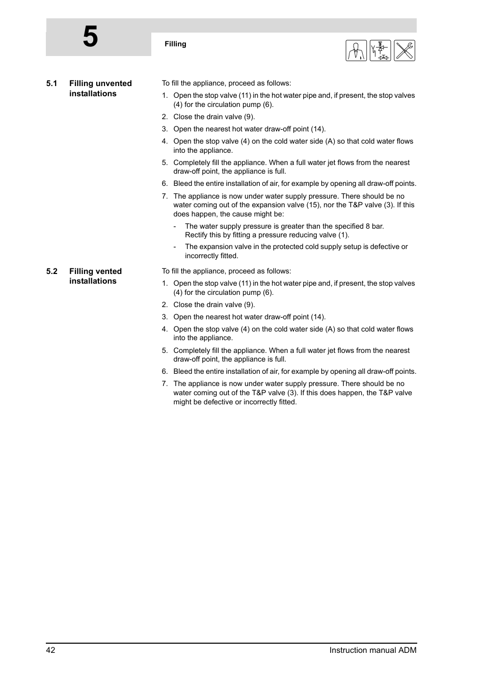 Filling unvented installations, Filling vented installations, 5gis | A.O. Smith ADM - 80 User Manual | Page 42 / 74